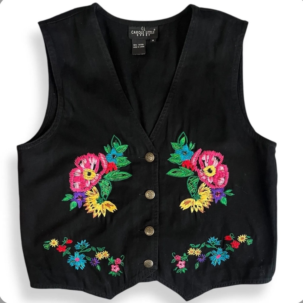 Vintage Carole Little Sport Floral Embroidered Beaded Button Vest Medium